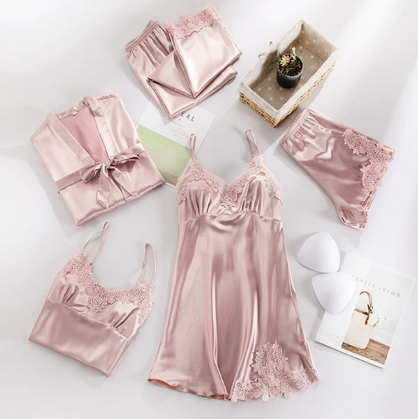 Women's Summer Ice Silk Five-Piece Set Sexy Padded Chemise