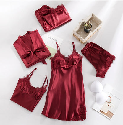 Women's Summer Ice Silk Five-Piece Set Sexy Padded Chemise