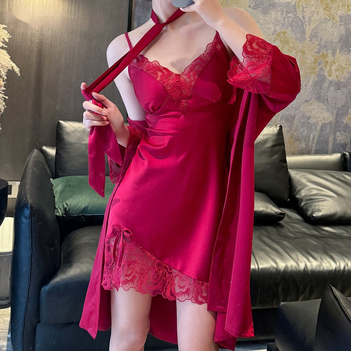 Lady Sexy Suspenders Ice Silk Pajamas Two-piece Set