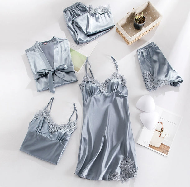 Women's Summer Ice Silk Five-Piece Set Sexy Padded Chemise