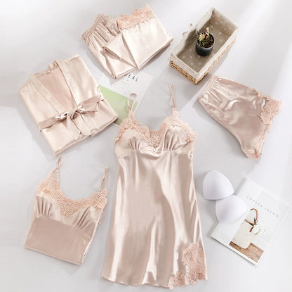 Women's Summer Ice Silk Five-Piece Set Sexy Padded Chemise