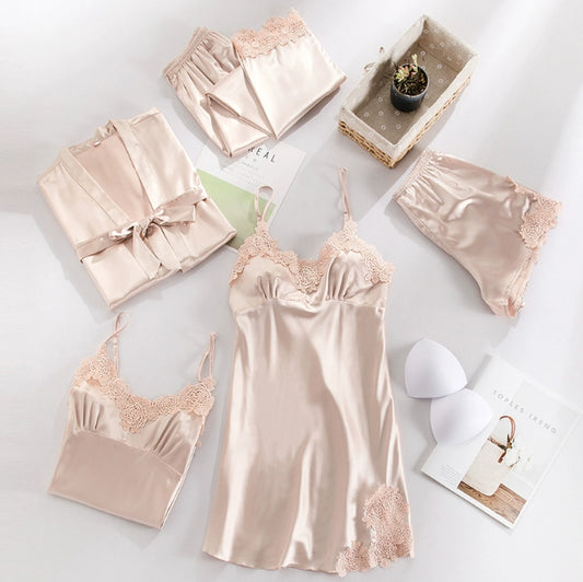 Women's Summer Ice Silk Five-Piece Set Sexy Padded Chemise