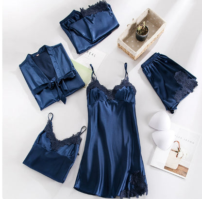 Women's Summer Ice Silk Five-Piece Set Sexy Padded Chemise